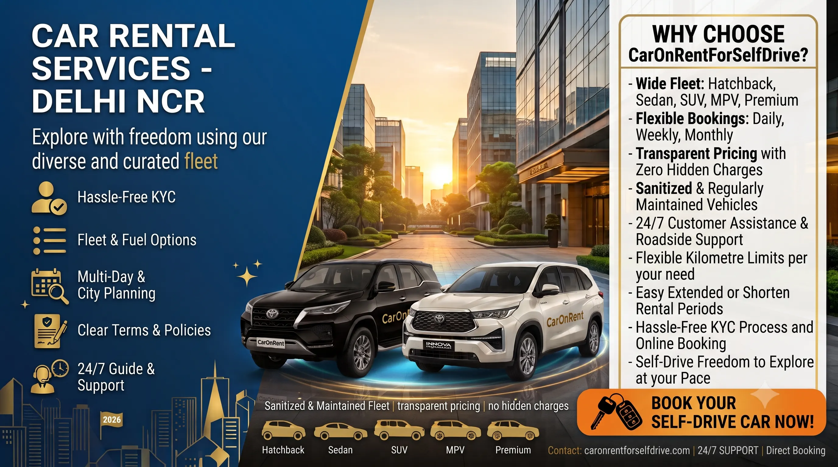 CarOnRentForSelfDrive Car Rental Fleet: 22 Cars You Can Choose From
