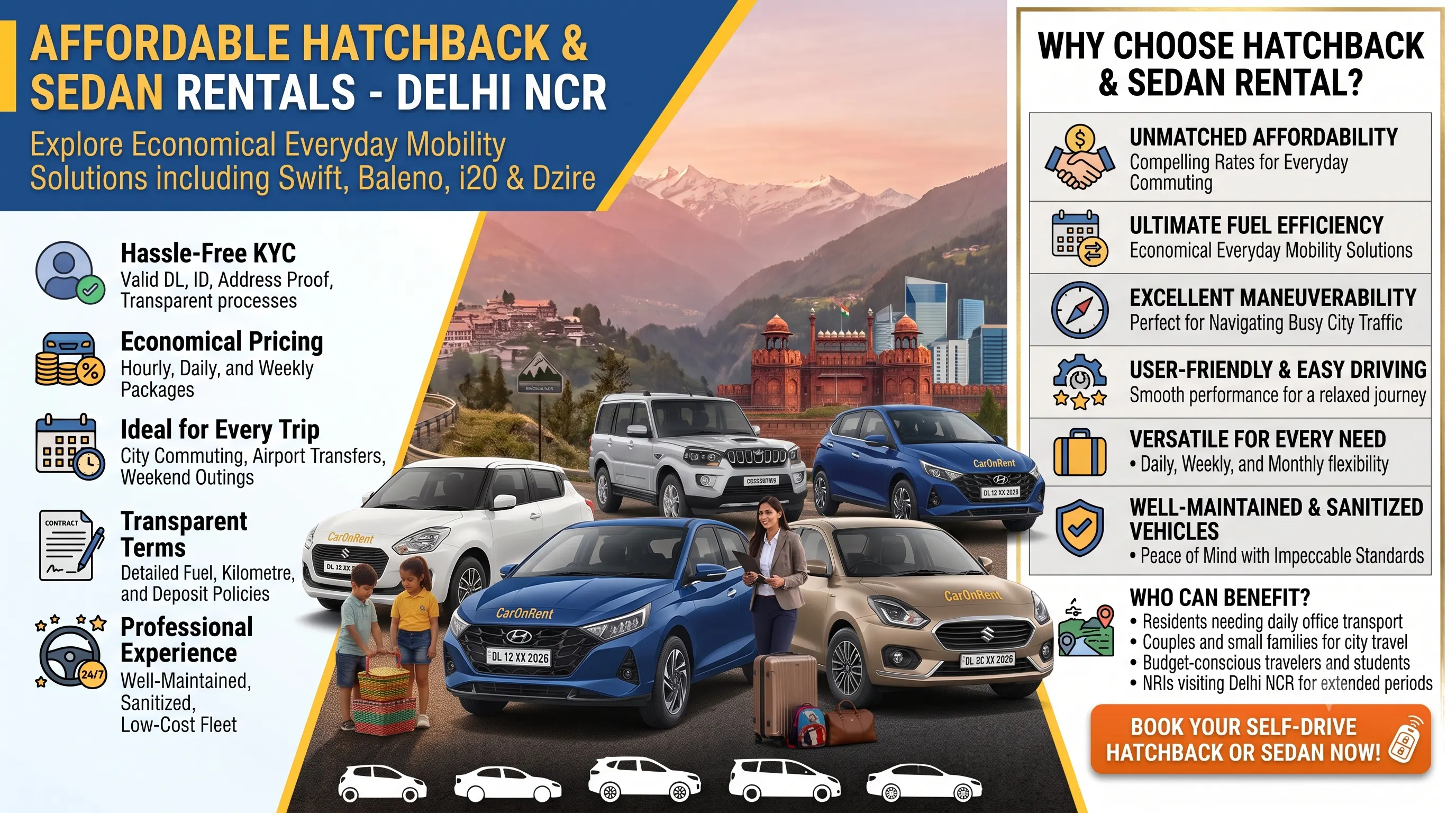 Affordable Hatchback and Sedan Rentals in Delhi NCR | CarOnRentForSelfDrive
