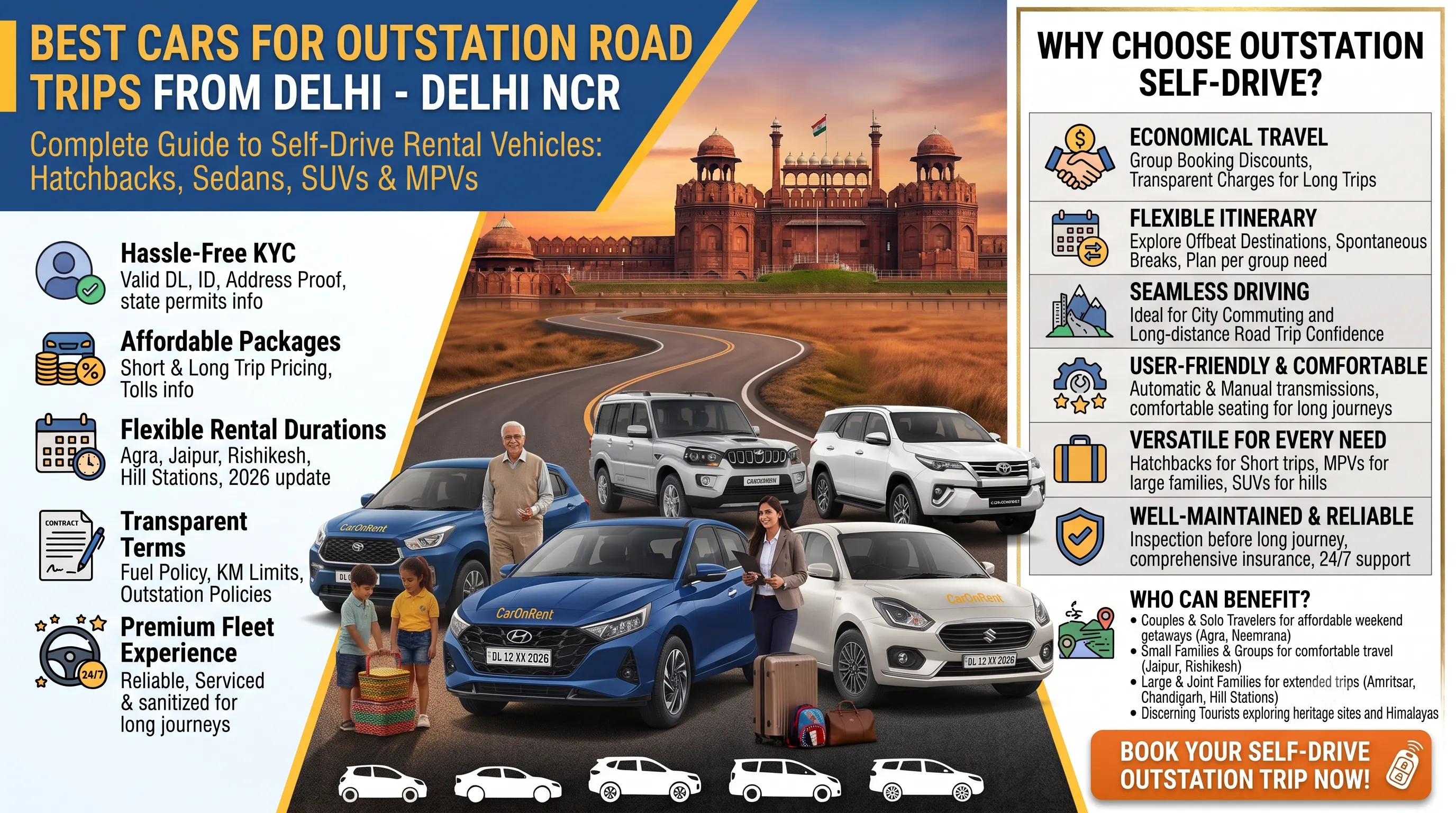 Best Cars for Outstation Road Trips from Delhi | CarOnRentForSelfDrive